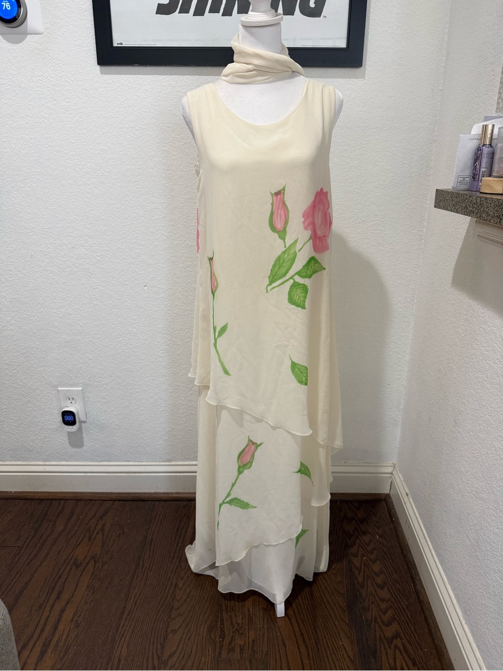 Vintage Sleeveless Cream Floral Layered Maxi Dress with sash Pink Rose Print